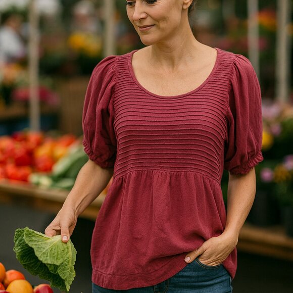 Free People Women’s Puff Sleeve Textured Boho Top Size Medium - Picture 1 of 7